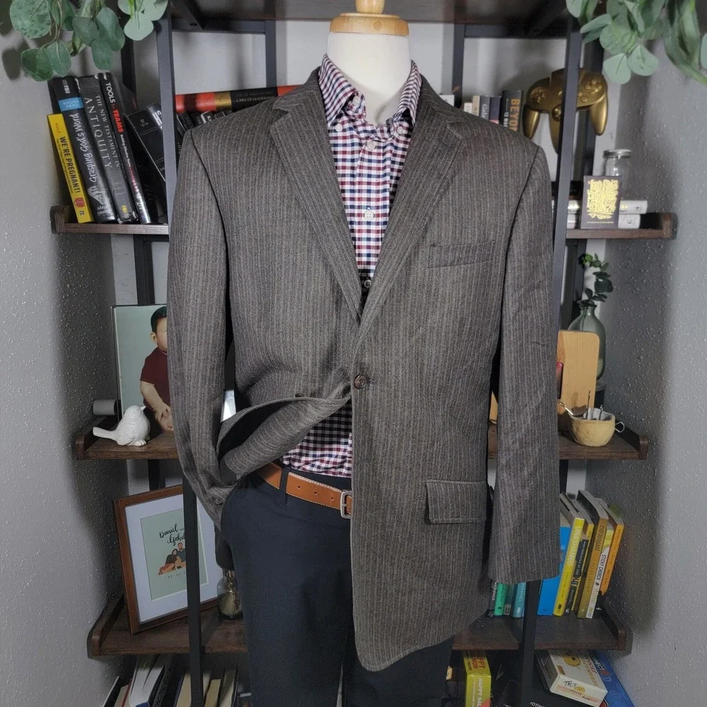 VTG Calvin Klein Mens Flannel Sport Coat Blazer Two Button Brown Striped Wool XL